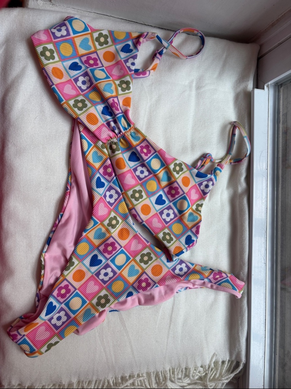 Zaful Pink Multi-Color Floral Heart Tile Bikini